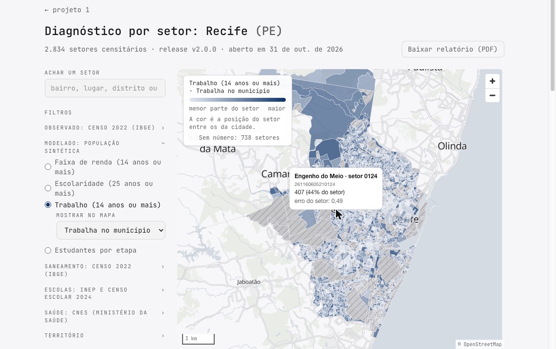 O console de Recife: o mapa dos 2.834 setores colorido pela parte das pessoas que trabalham no próprio município, e o setor Engenho do Meio apontado, com 407 pessoas, 44% do setor, e o erro do setor, 0,49.